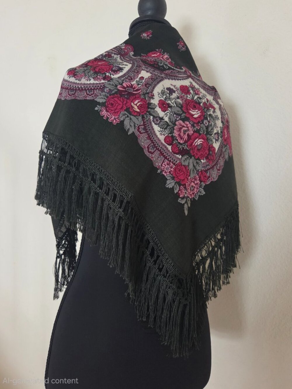 Vintage Dark Green Wool Rose Scarf/Wrap with hand-knotted fringe from Germany - Picture 3 of 10
